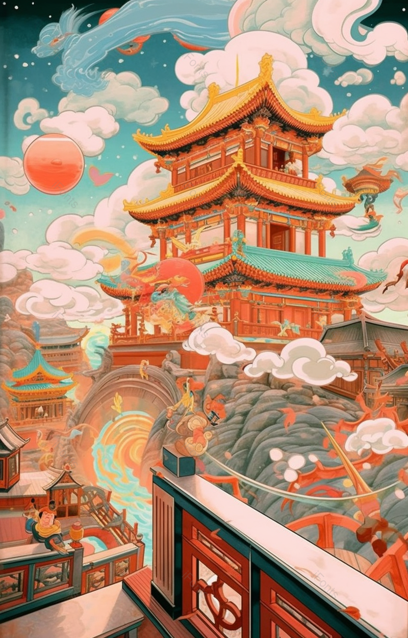 气势磅礴的古建筑国潮新中国风建筑插画背景,插画/手绘图,插画/手绘图库,插画/手绘图下载,插画/手绘